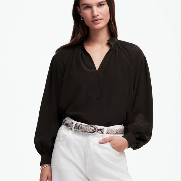Madewell Shirred Long-Sleeve Top in Silk black - Picture 1 of 5